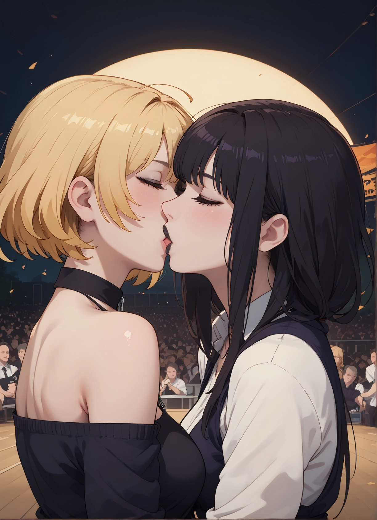 closed eyes, blonde hair, multiple girls, yuri, black hair, kiss · Yamete.gg