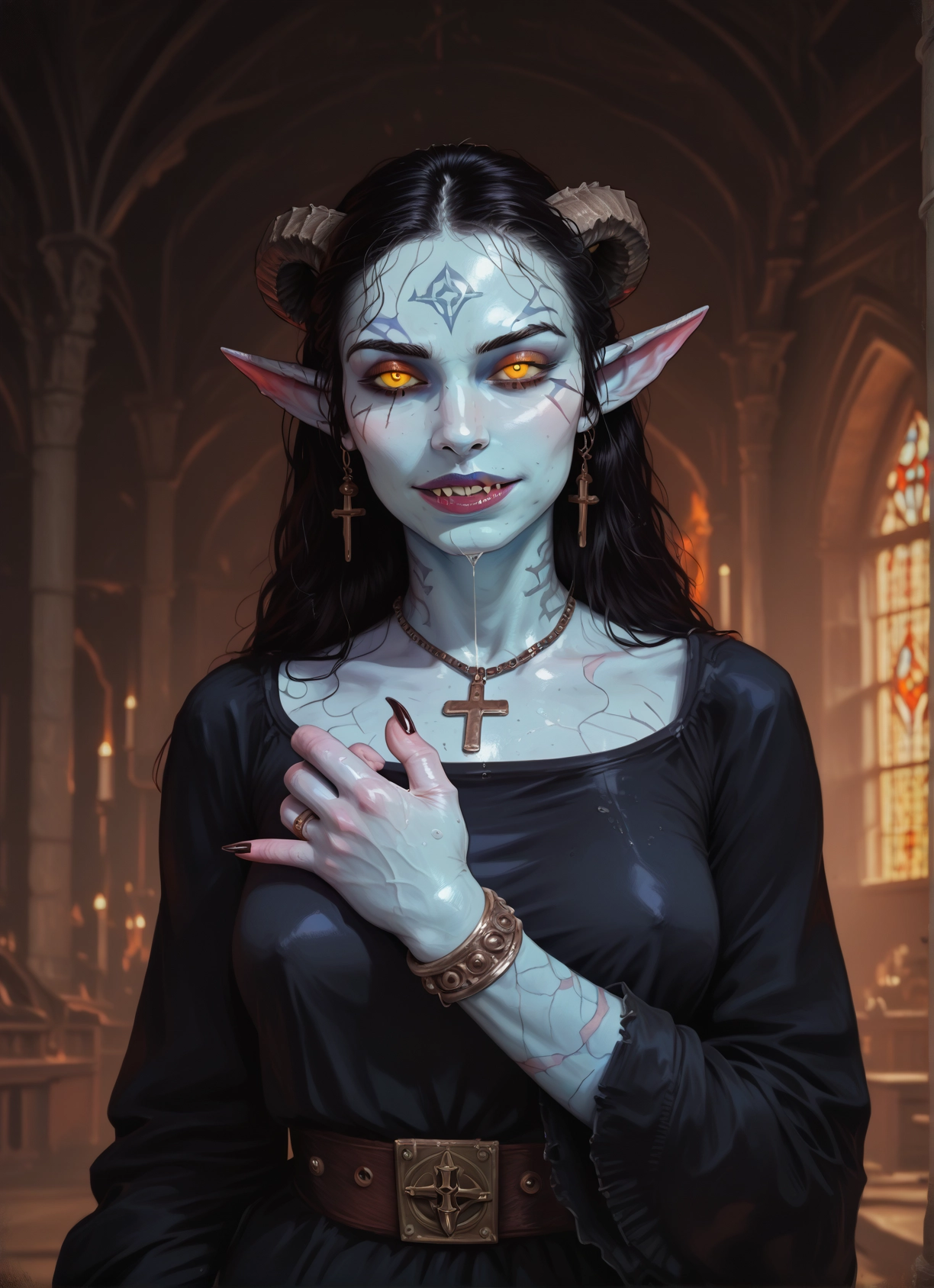 1girl, jewelry, horns, pointy ears, solo, cross · Yamete.gg