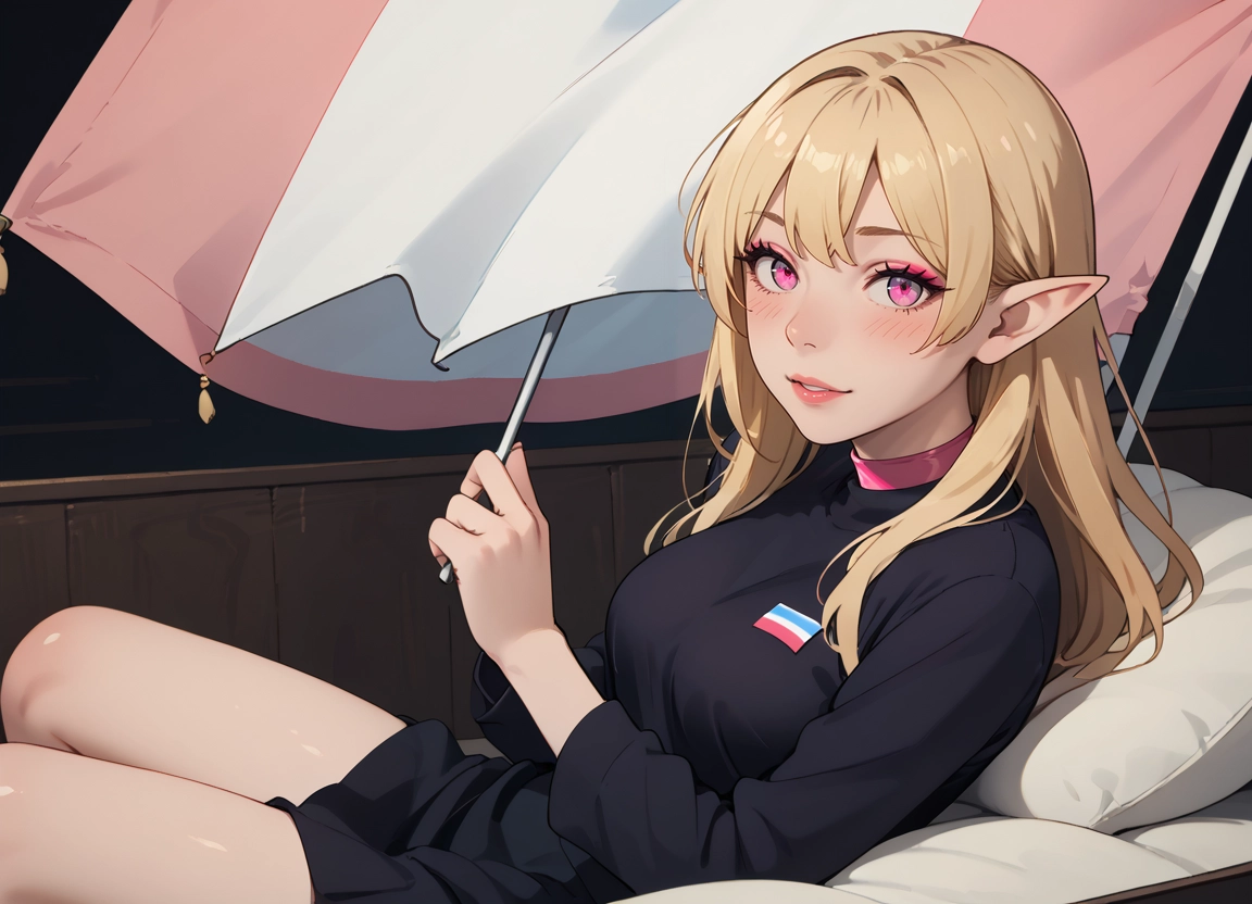 1girl, solo, blonde hair, looking at viewer, pointy ears, pink eyes · Yamete.gg