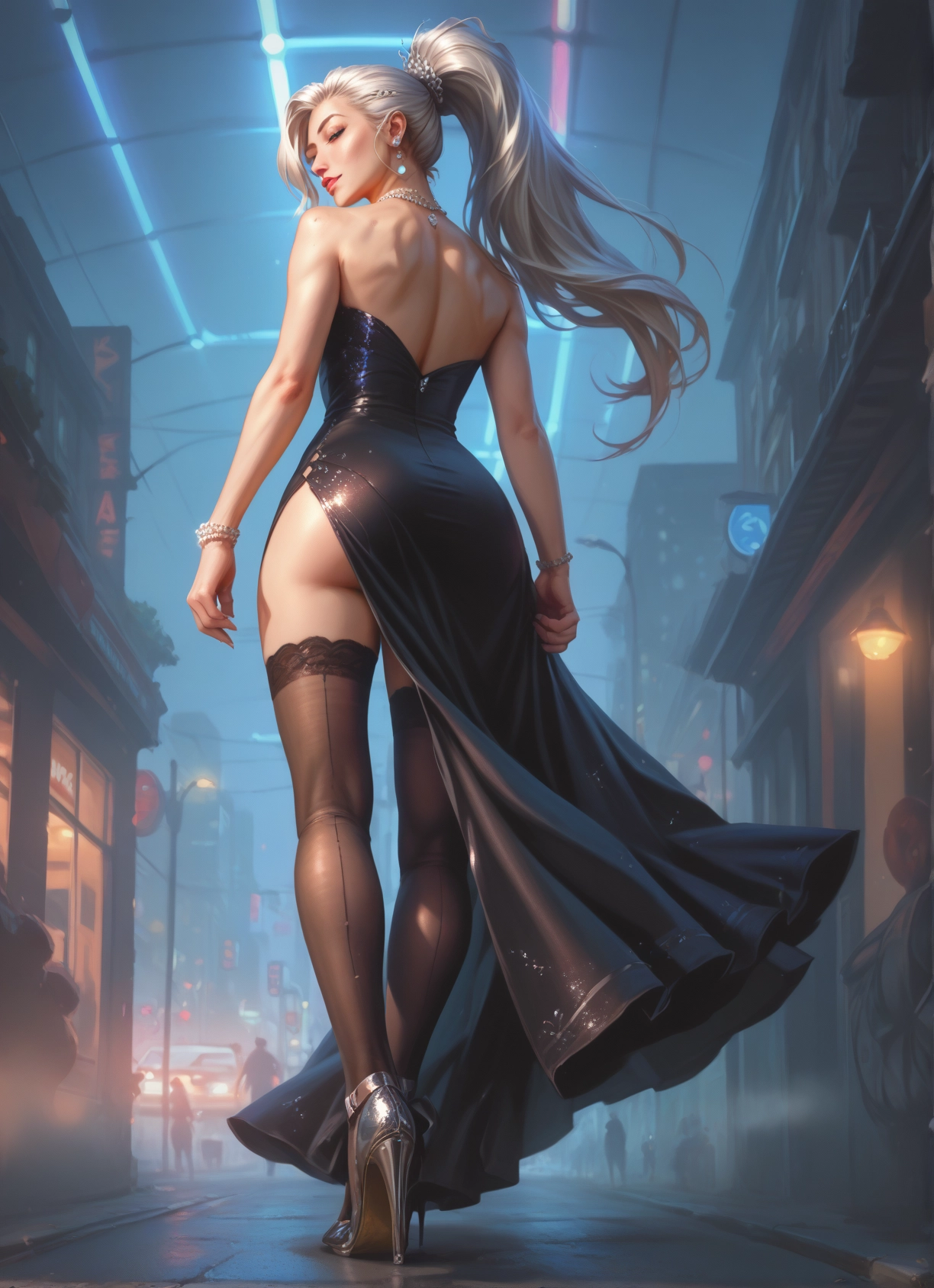 1girl, dress, thighhighs, high heels, jewelry, ass