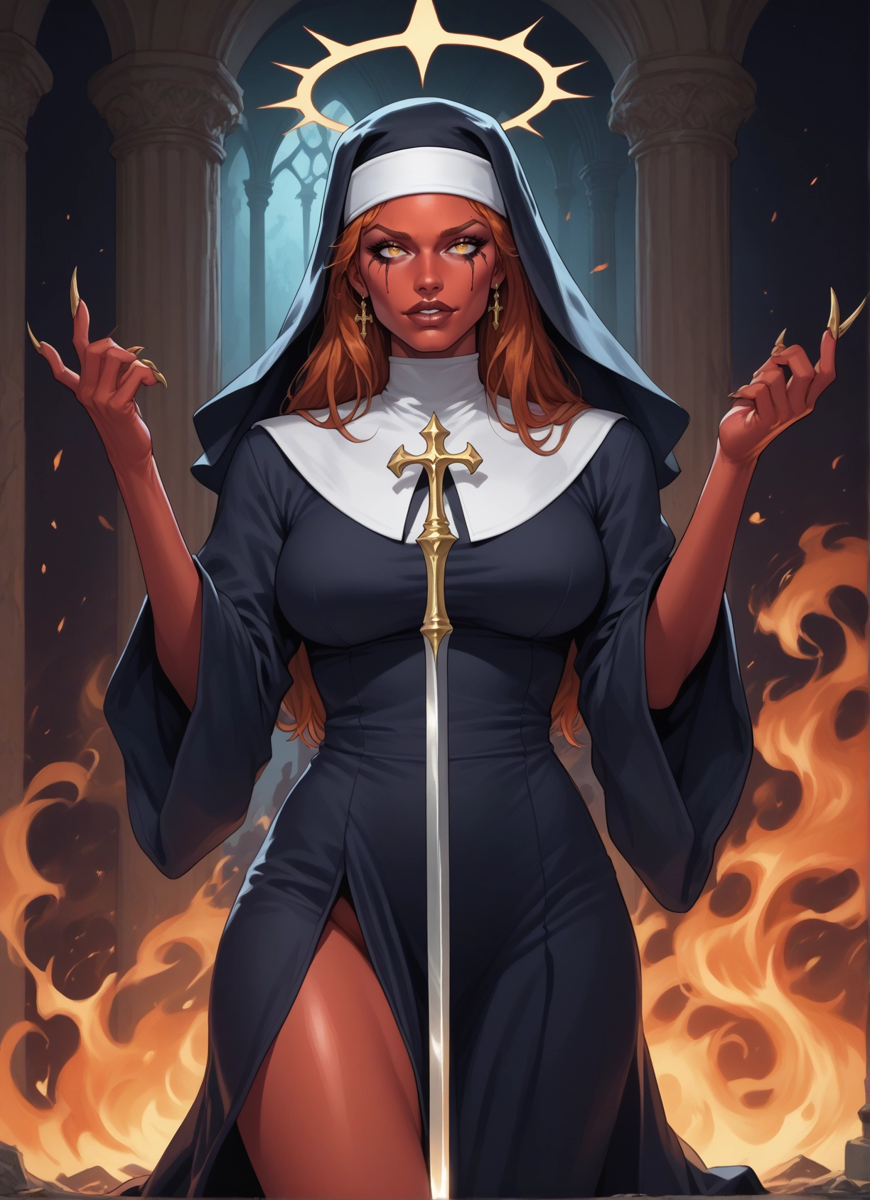 1girl, nun, jewelry, solo, breasts, habit · Yamete.gg