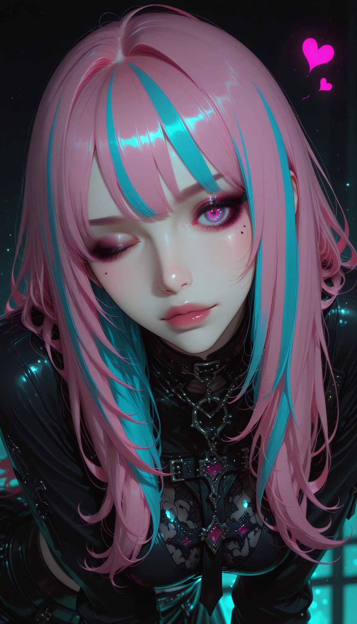 1girl, solo, pink hair, multicolored hair, one eye closed, heart · Yamete.gg