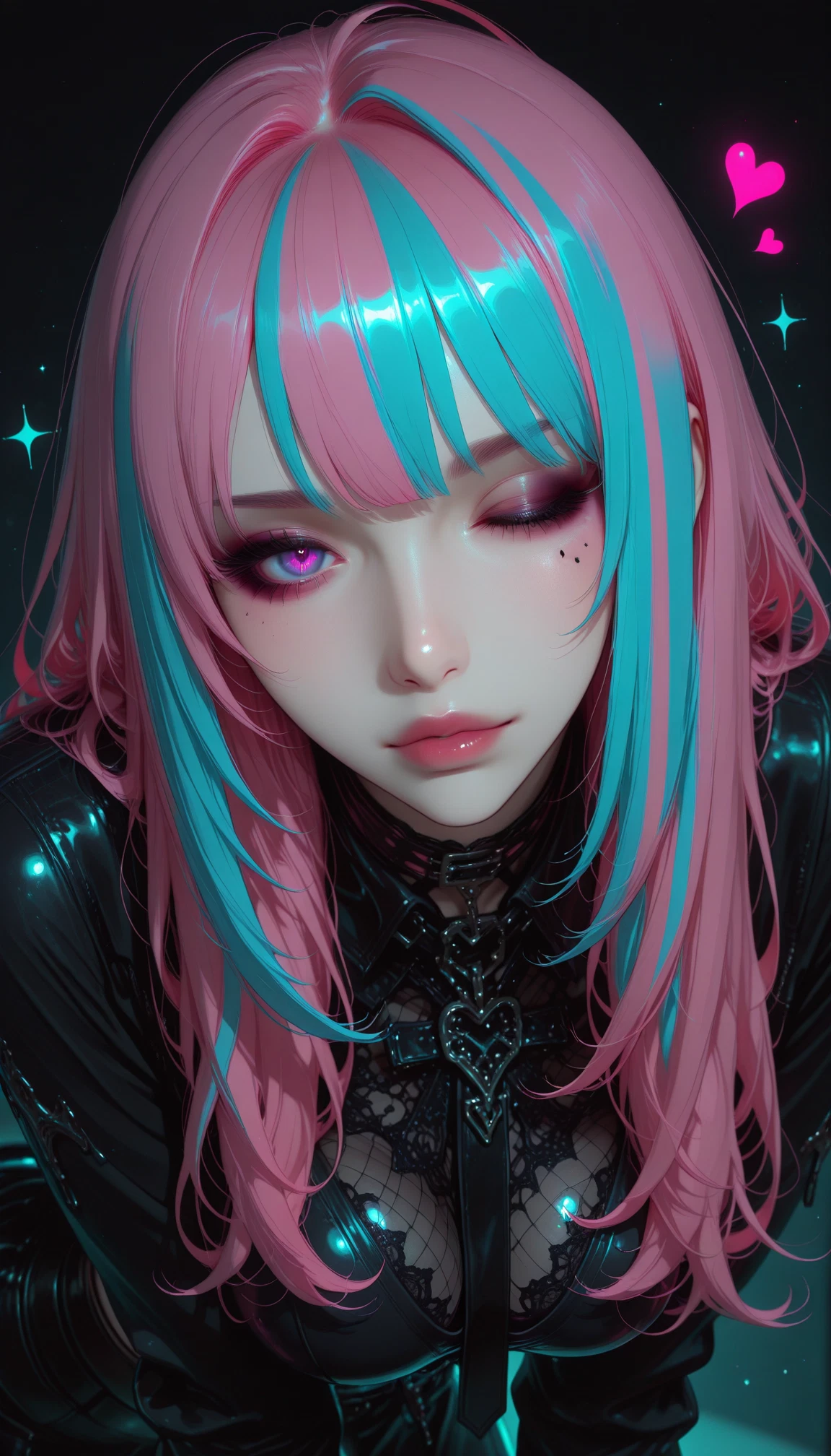1girl, solo, pink hair, multicolored hair, mole, heart · Yamete.gg