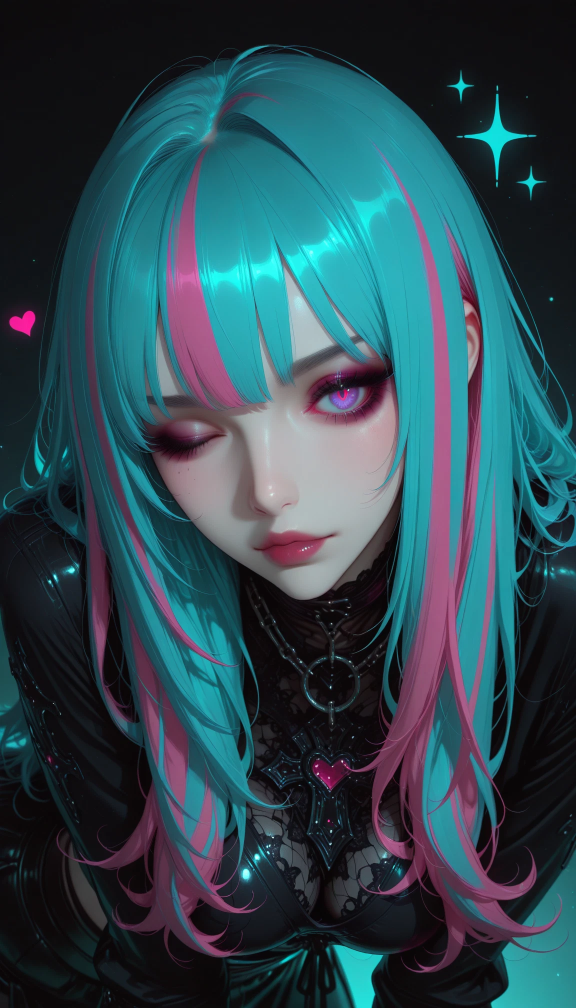 1girl, solo, multicolored hair, pink hair, heart, one eye closed · Yamete.gg
