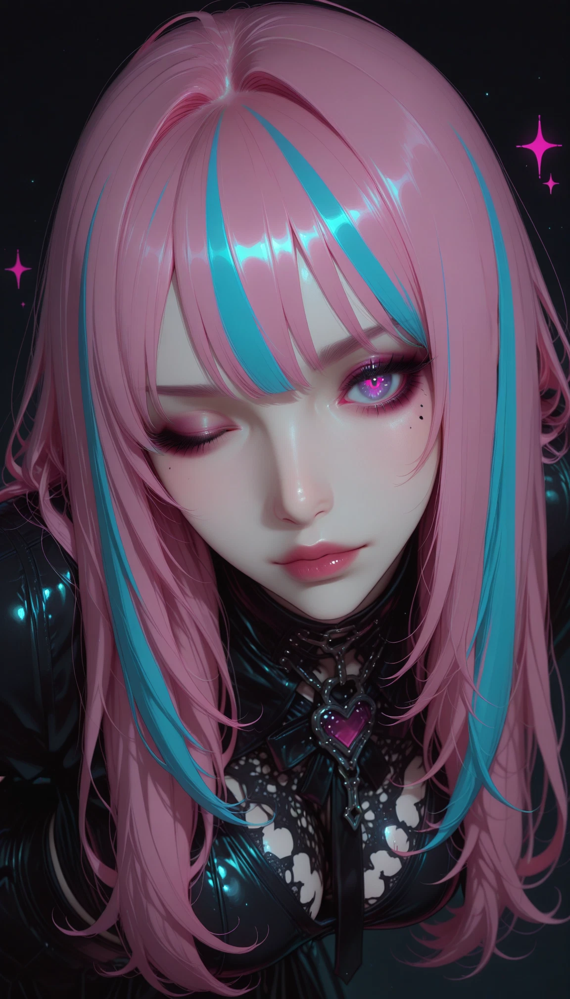 1girl, solo, pink hair, multicolored hair, one eye closed, mole · Yamete.gg