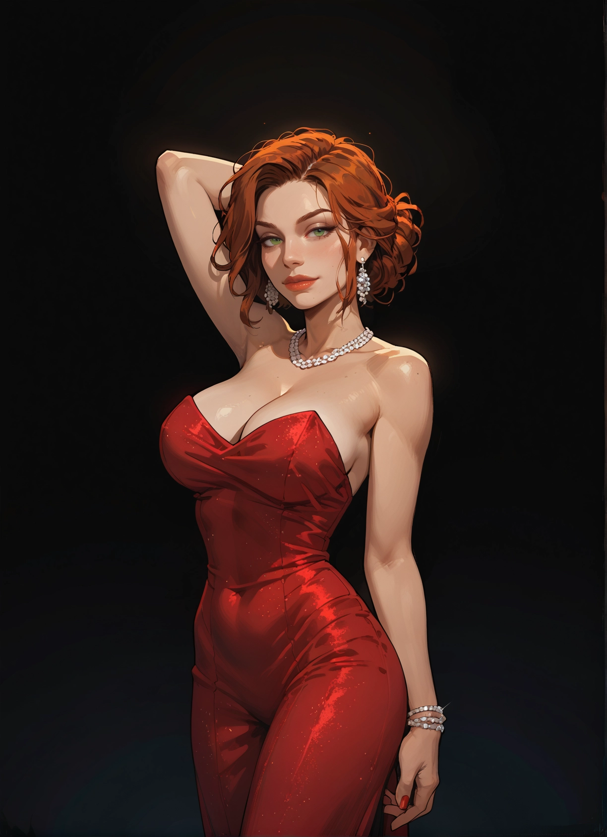 1girl, breasts, jewelry, dress, earrings, green eyes · Yamete.gg