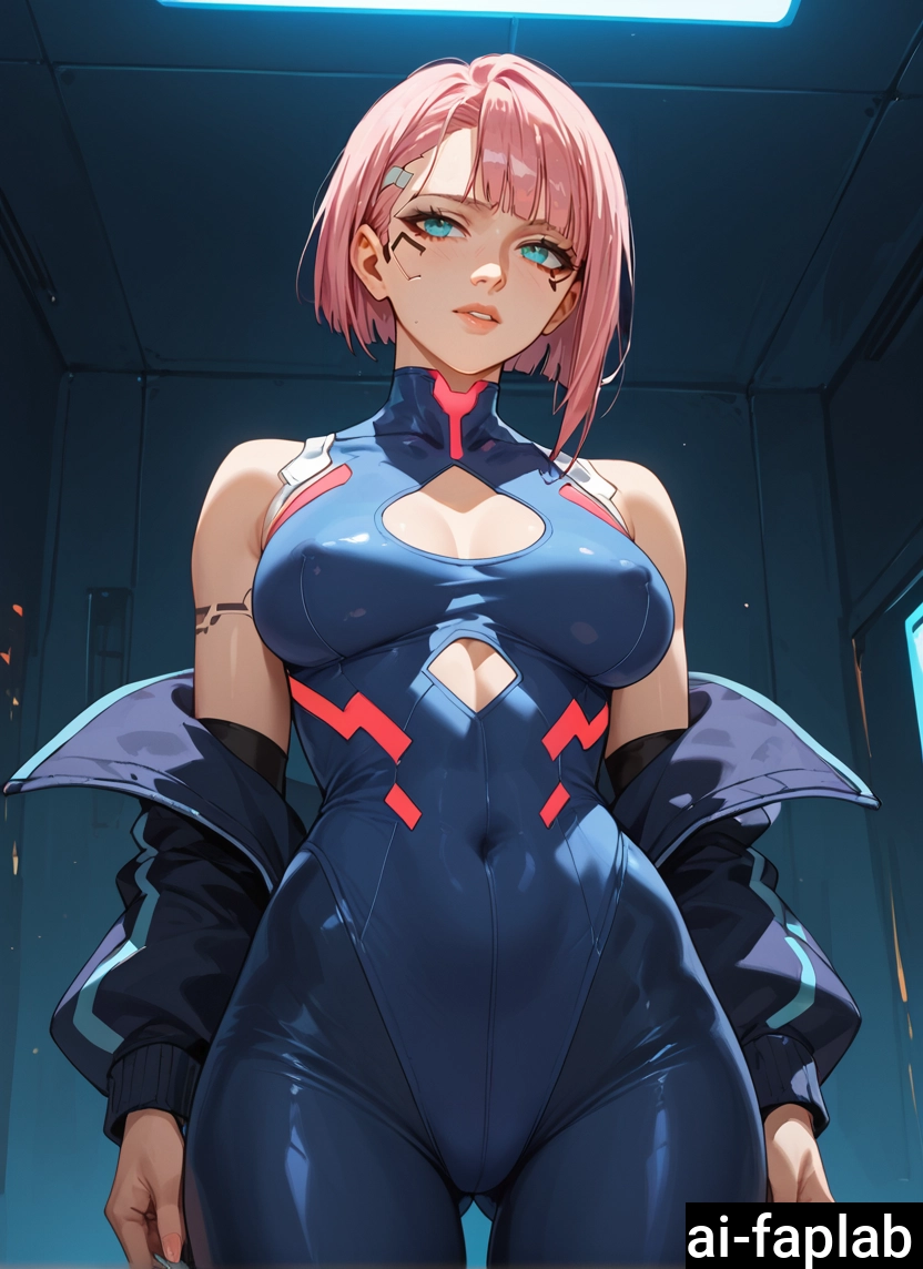 1girl, breasts, solo, pink hair, jacket, short hair