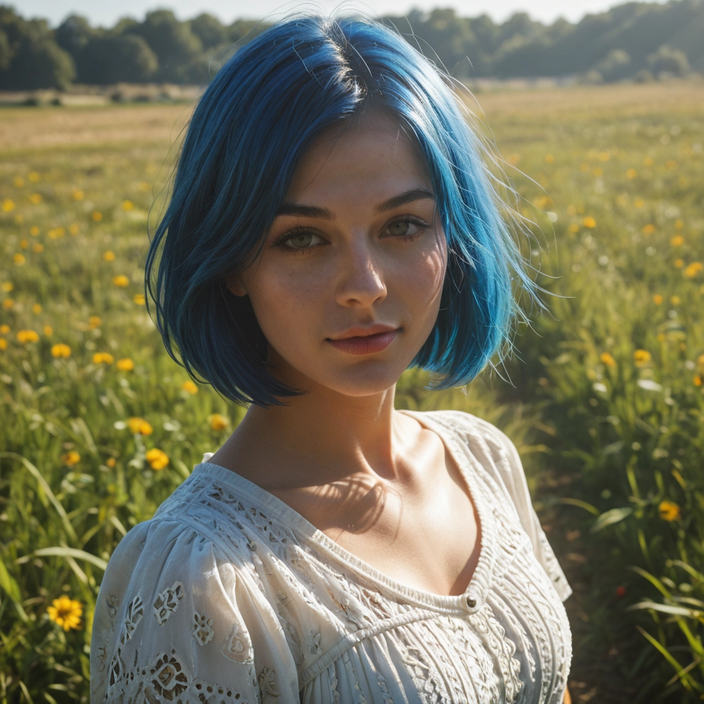1girl, solo, realistic, looking at viewer, outdoors, blue hair · Yamete.gg