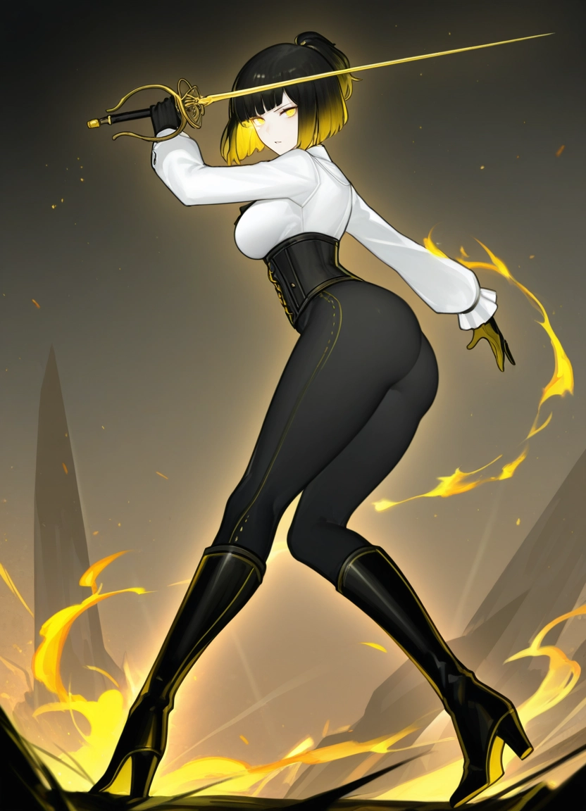 1girl, solo, weapon, sword, gloves, multicolored hair · Yamete.gg