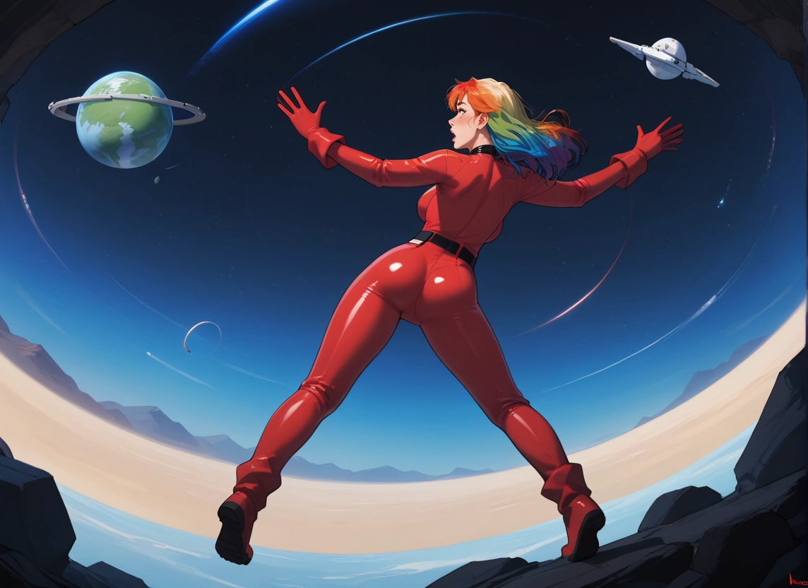 1girl, ass, virtual youtuber, red bodysuit, takanashi kiara, multicolored hair · Yamete.gg