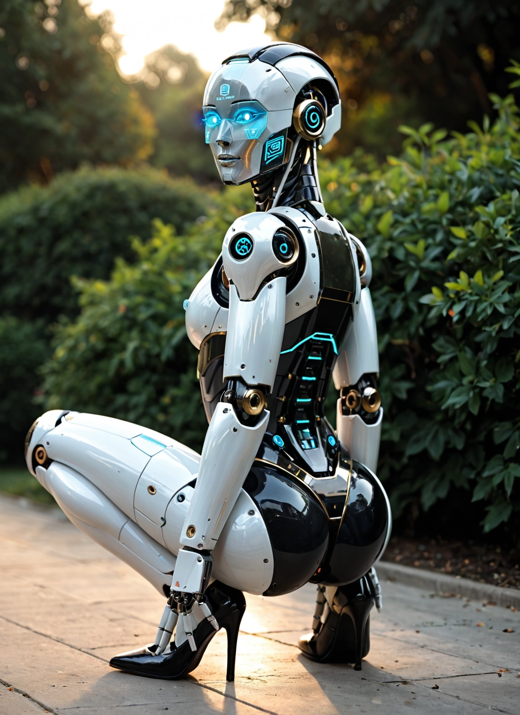 1girl, solo, high heels, ass, squatting, robot joints