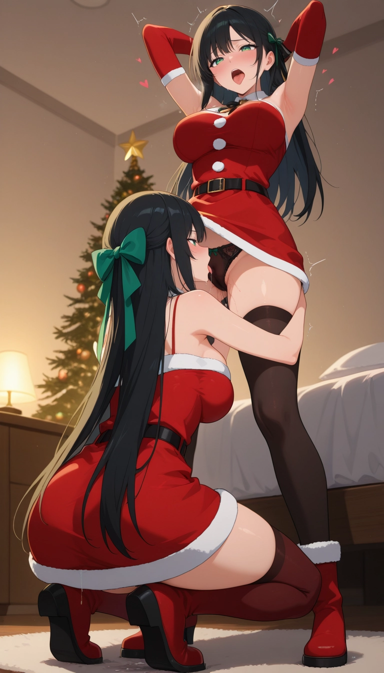 multiple girls, 2girls, oral, black hair, thighhighs, underwear · Yamete.gg