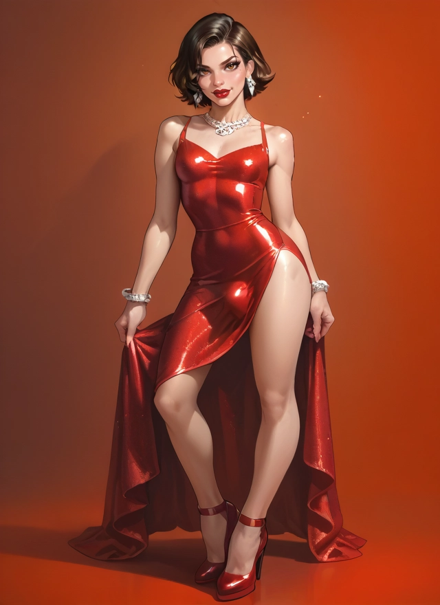 futanari, dress, jewelry, solo, high heels, earrings · Yamete.gg