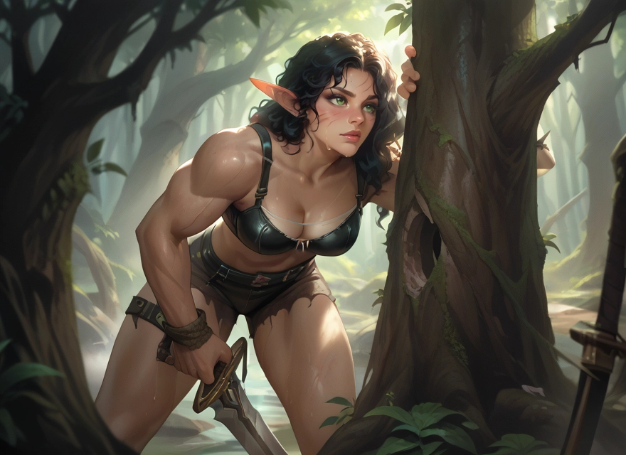 1girl, pointy ears, weapon, breasts, sword, green eyes · Yamete.gg