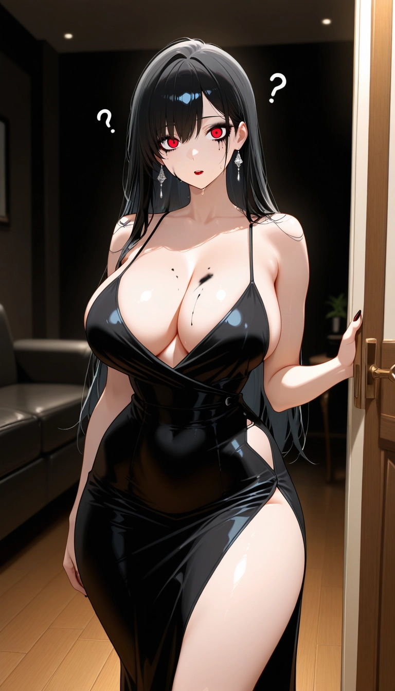 1girl, breasts, jewelry, black hair, red eyes, earrings · Yamete.gg