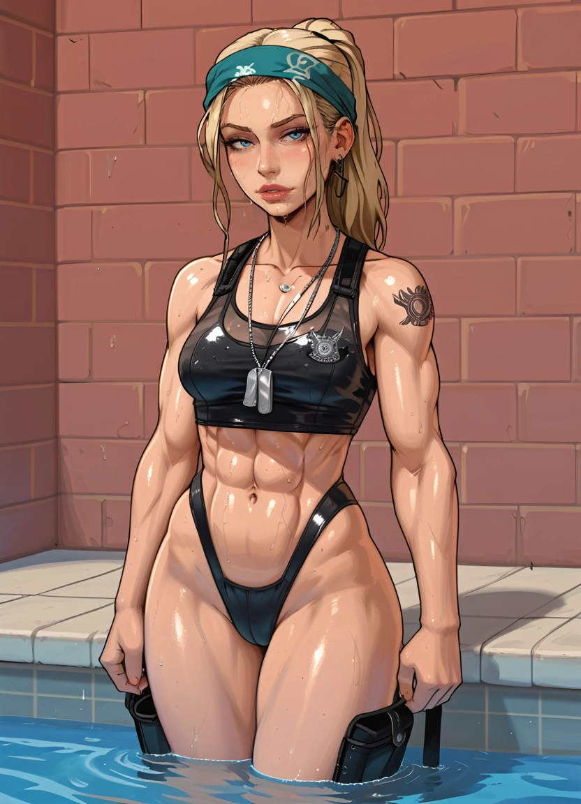1girl, solo, dog tags, tattoo, breasts, muscular female · Yamete.gg