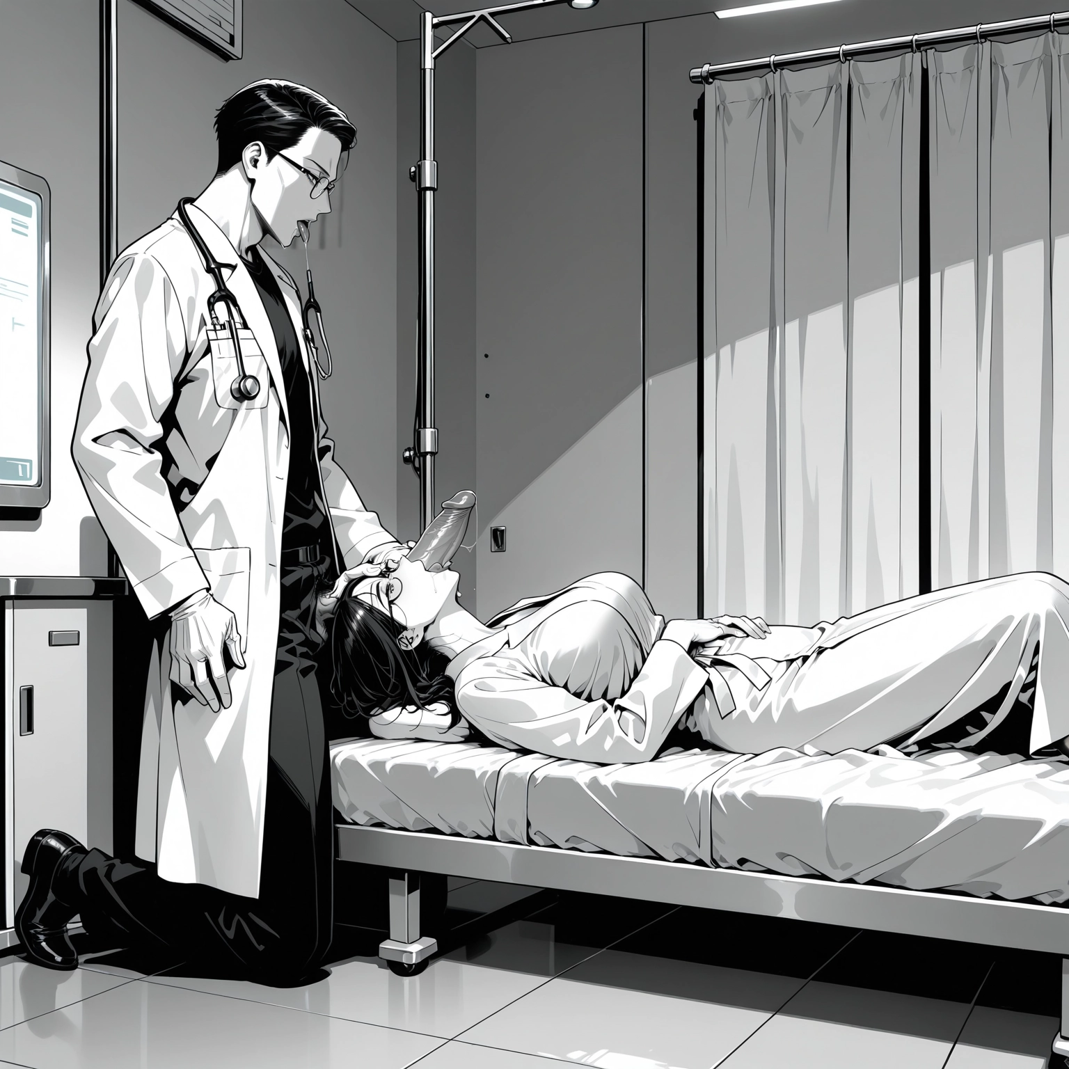 monochrome, greyscale, pants, sleeping, short hair, black hair · Yamete.gg