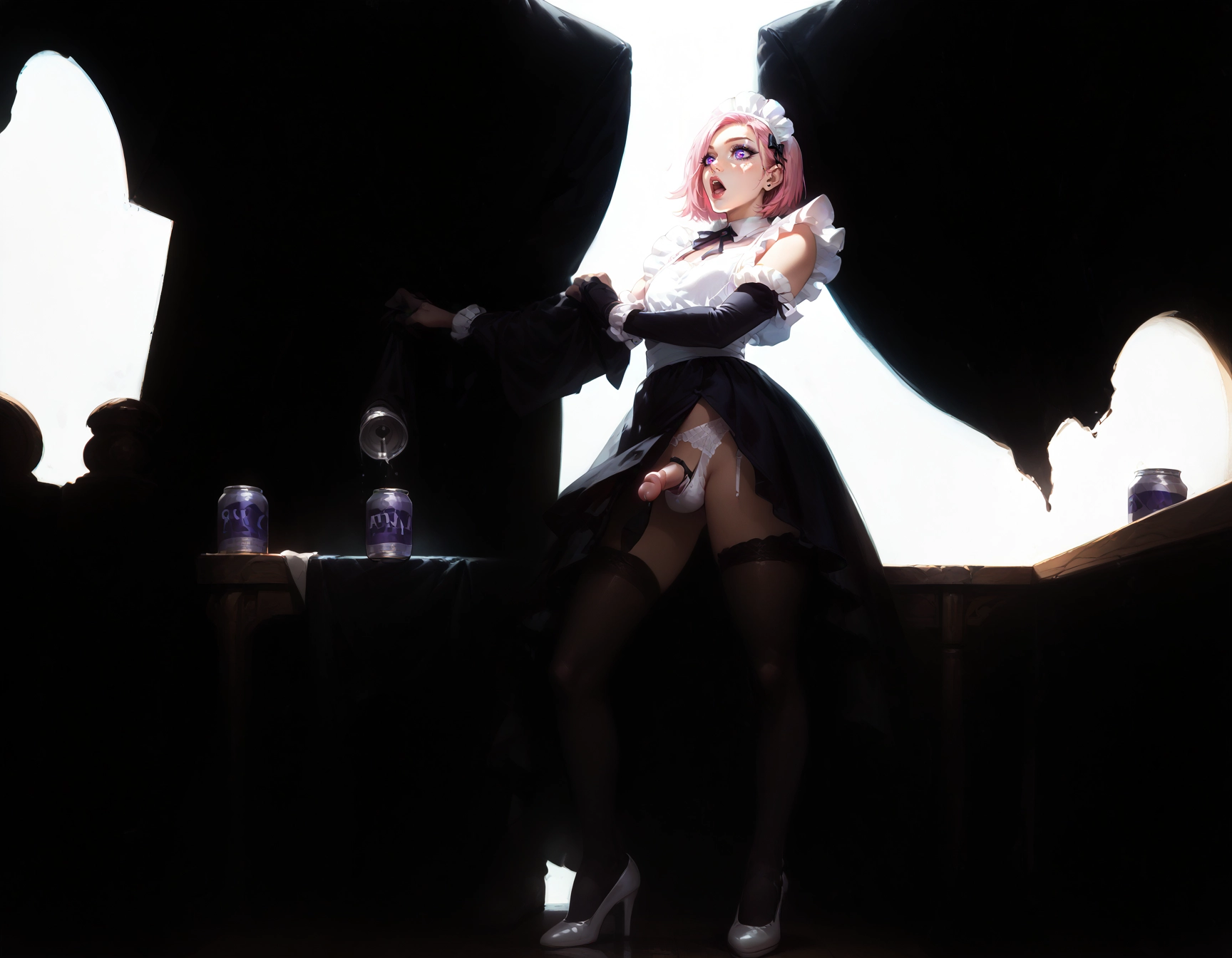 futanari, penis, 1girl, thighhighs, pink hair, high heels · Yamete.gg