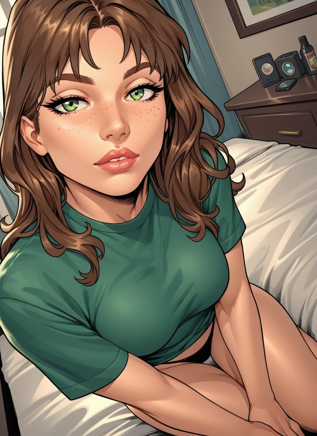 1girl, underwear, green eyes, panties, solo, freckles · Yamete.gg