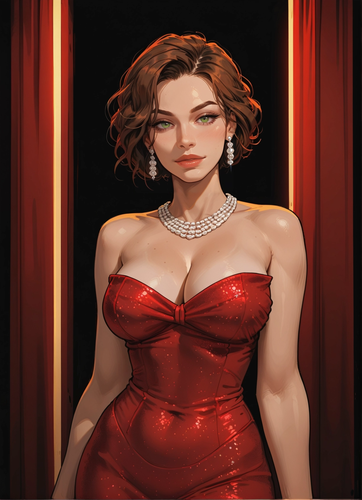 1girl, breasts, dress, jewelry, green eyes, earrings · Yamete.gg