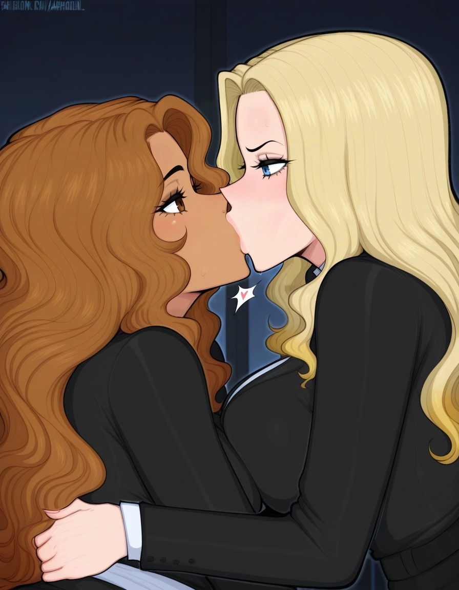multiple girls, 2girls, yuri, kiss, breasts, brown hair · Yamete.gg
