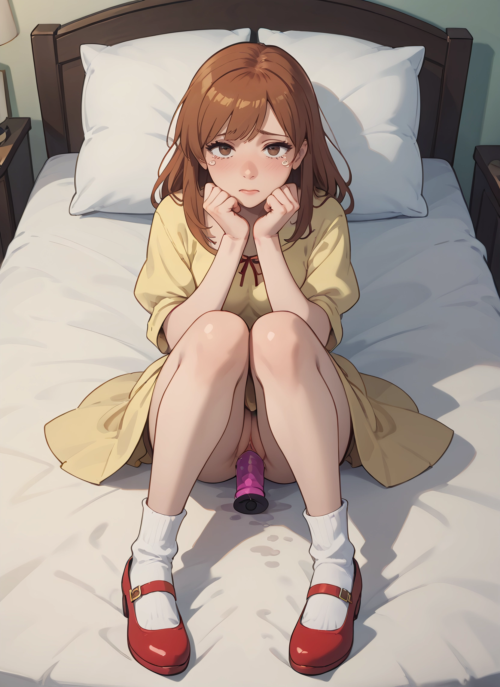 1girl, solo, brown hair, sex toy, dress, shoes