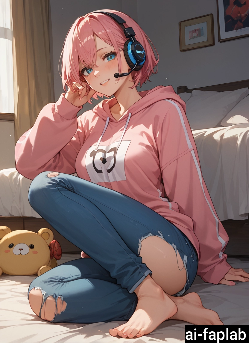 1girl, hood, barefoot, solo, torn pants, short hair
