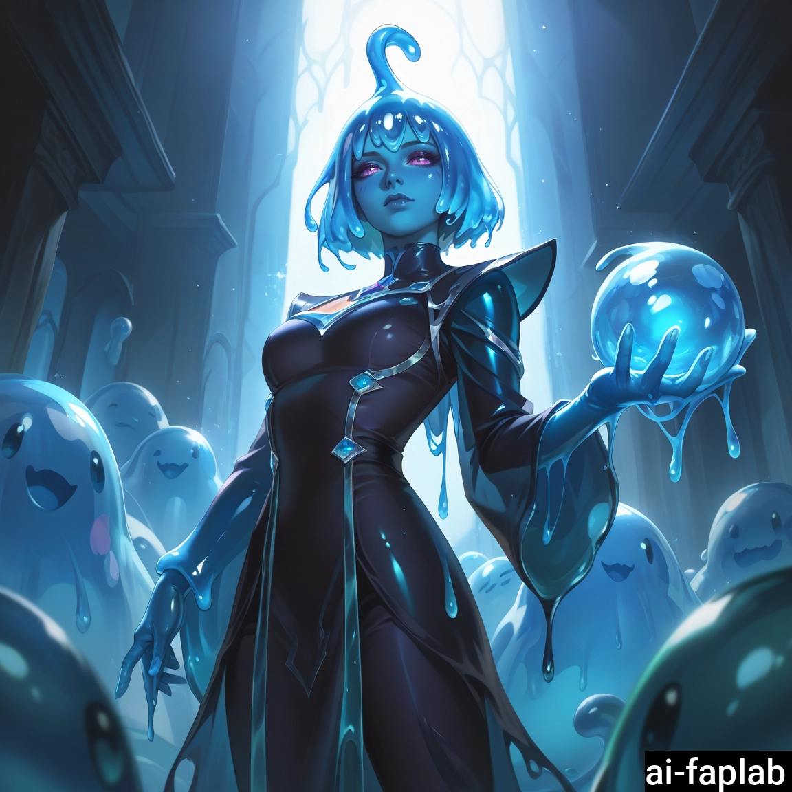 1girl, slime girl, ahoge, blue skin, blue hair, breasts · Yamete.gg