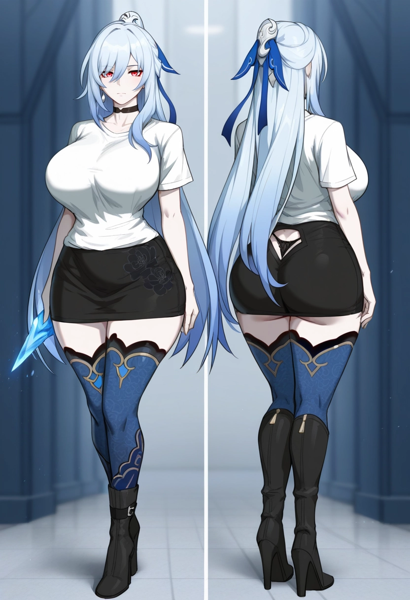 1girl, breasts, thighhighs, long hair, choker, shirt