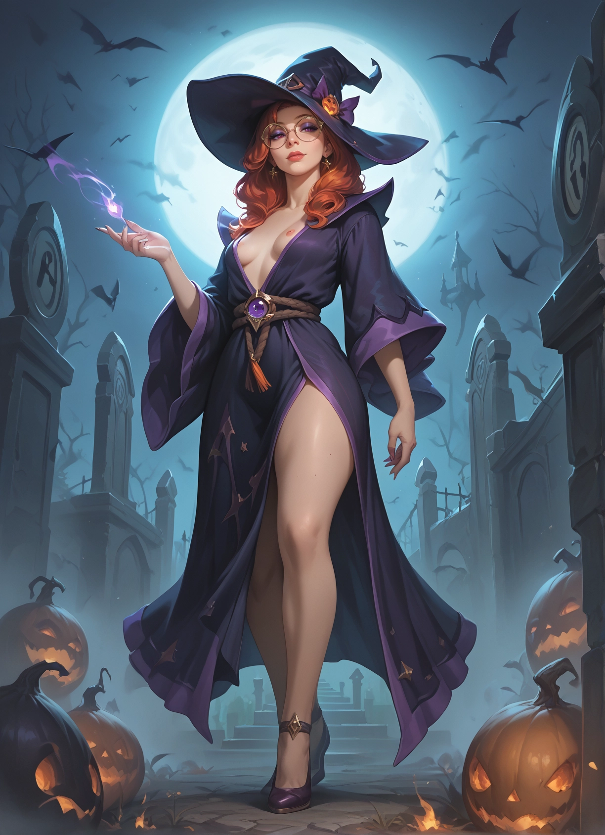 1girl, hat, breasts, witch hat, moon, nipples · Yamete.gg