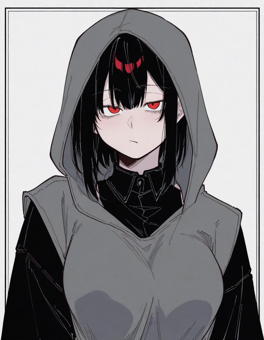 1girl, red eyes, hood, solo, black hair, breasts · Yamete.gg