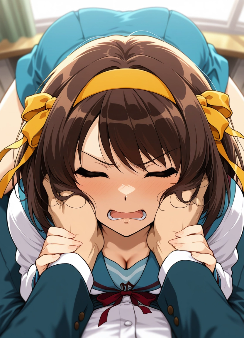 1girl, kita high school uniform, brown hair, blue sailor collar, blue skirt, suzumiya haruhi · Yamete.gg