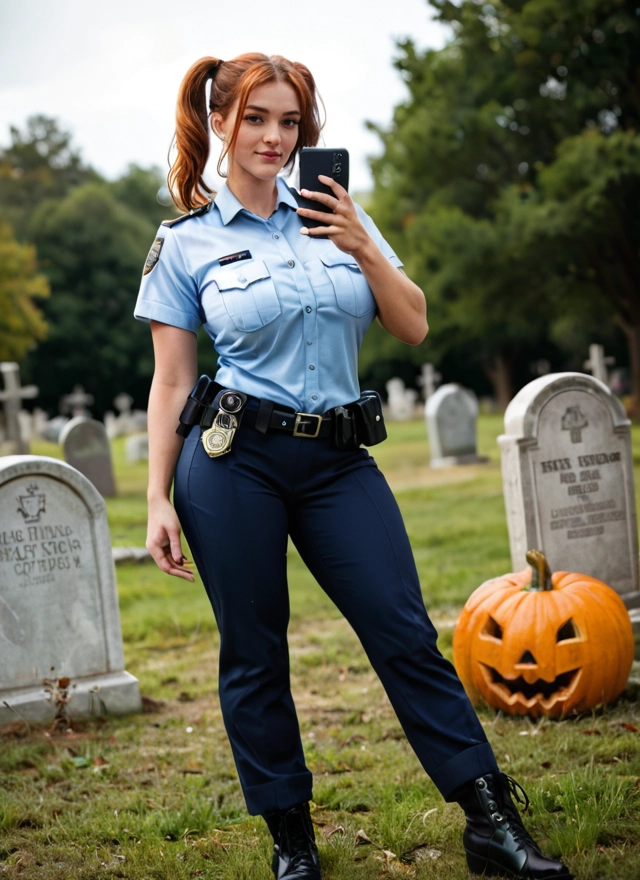 1girl, phone, uniform, cellphone, tombstone, police · Yamete.gg