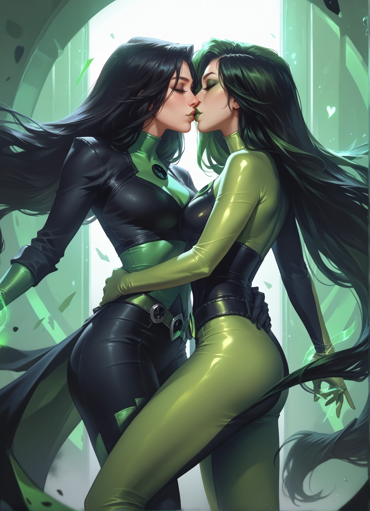 multiple girls, 2girls, long hair, yuri, green hair, bodysuit · Yamete.gg