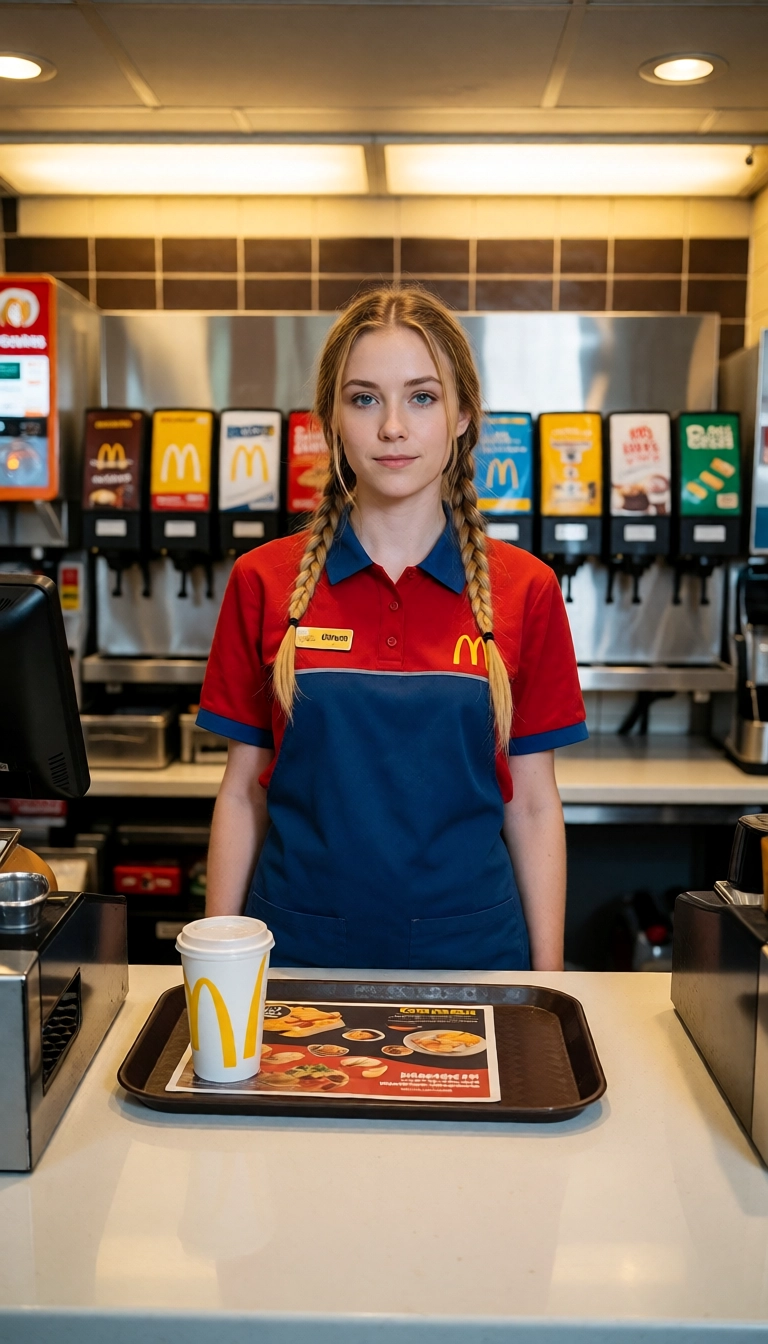 1girl, employee uniform, twin braids, solo, blue eyes, blonde hair · Yamete.gg