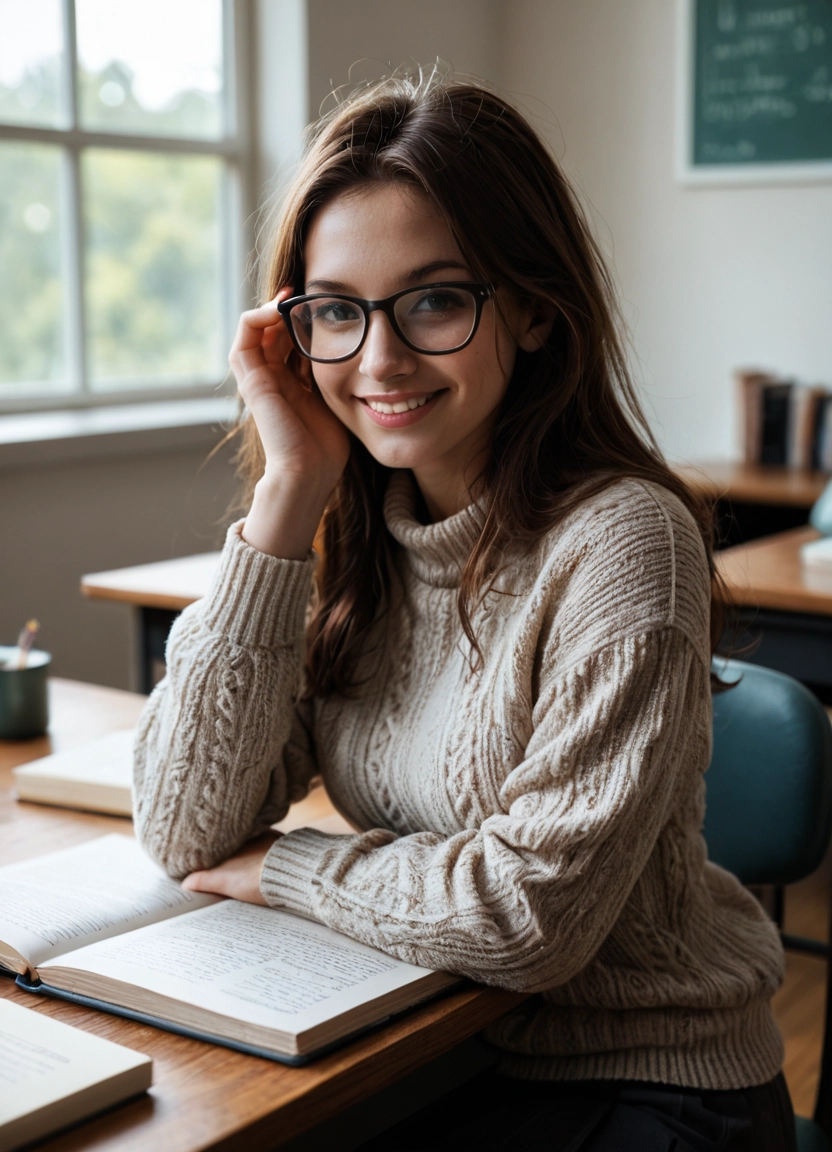 1girl, realistic, solo, sweater, indoors, glasses