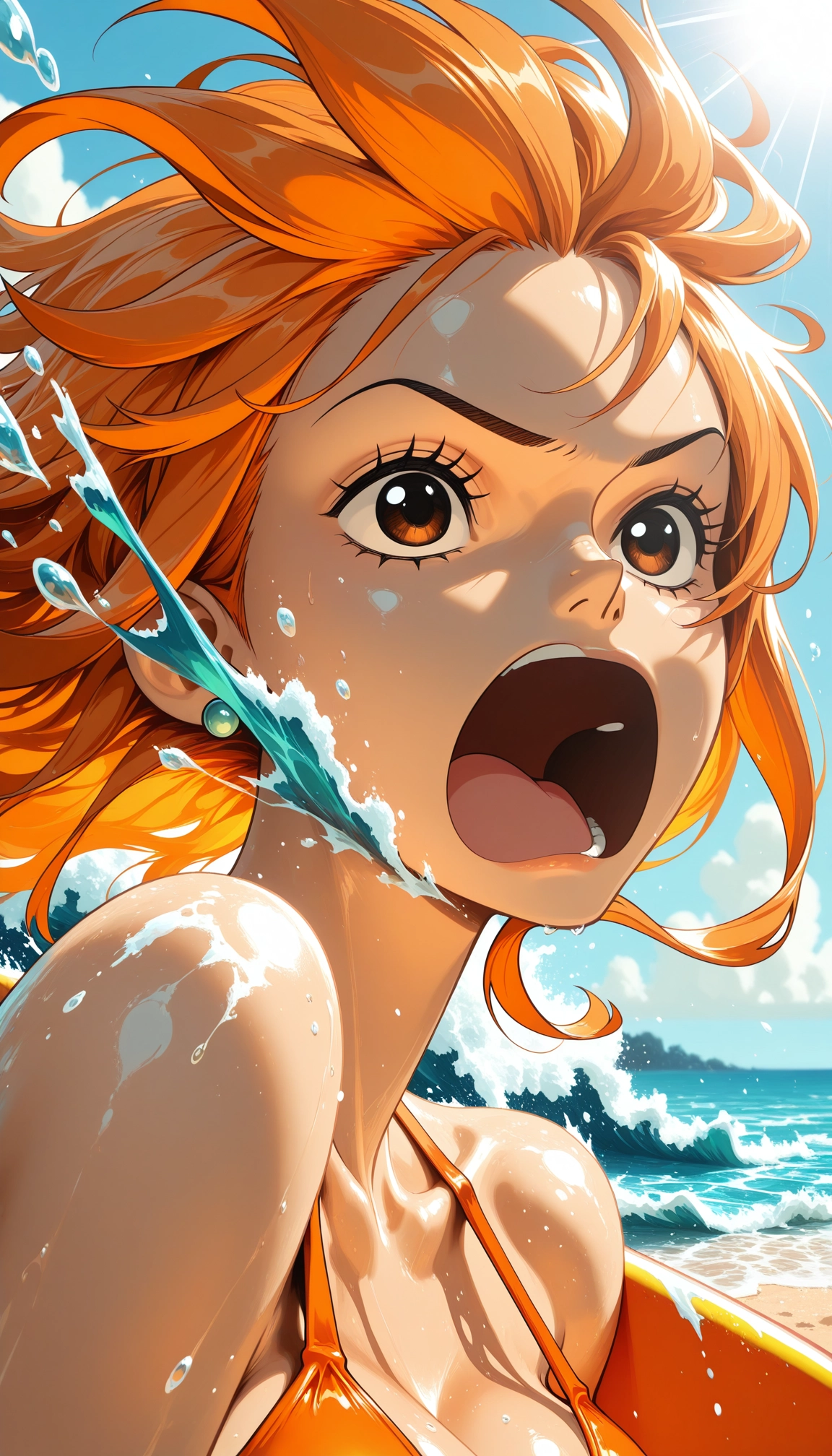 1girl, nami (one piece), orange hair, solo, swimsuit, open mouth