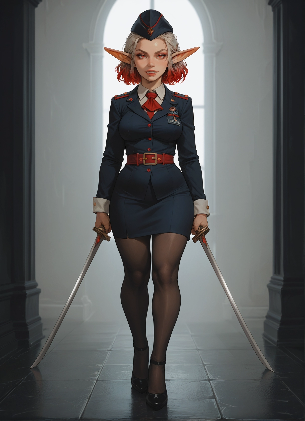 1girl, pointy ears, solo, pantyhose, weapon, skirt · Yamete.gg