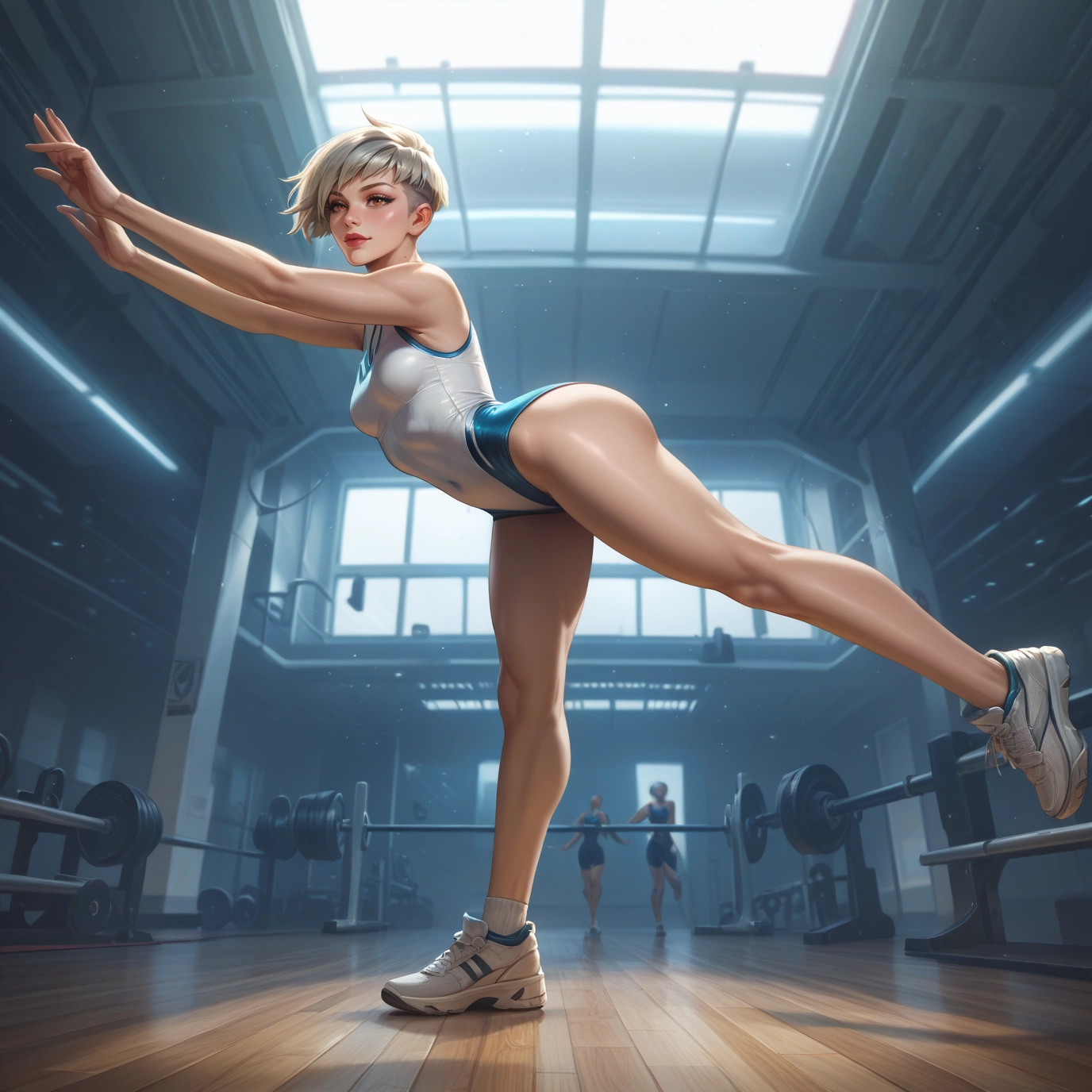 breasts, shoes, short hair, indoors, sneakers, gym · Yamete.gg