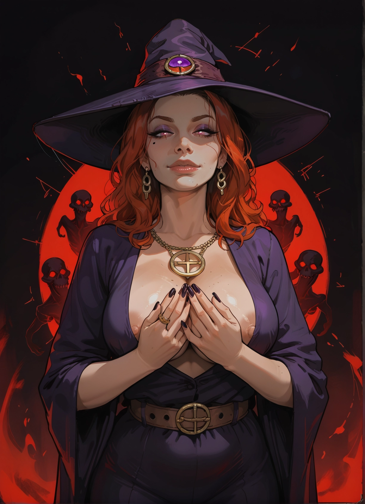 1girl, hat, breasts, witch hat, jewelry, earrings · Yamete.gg