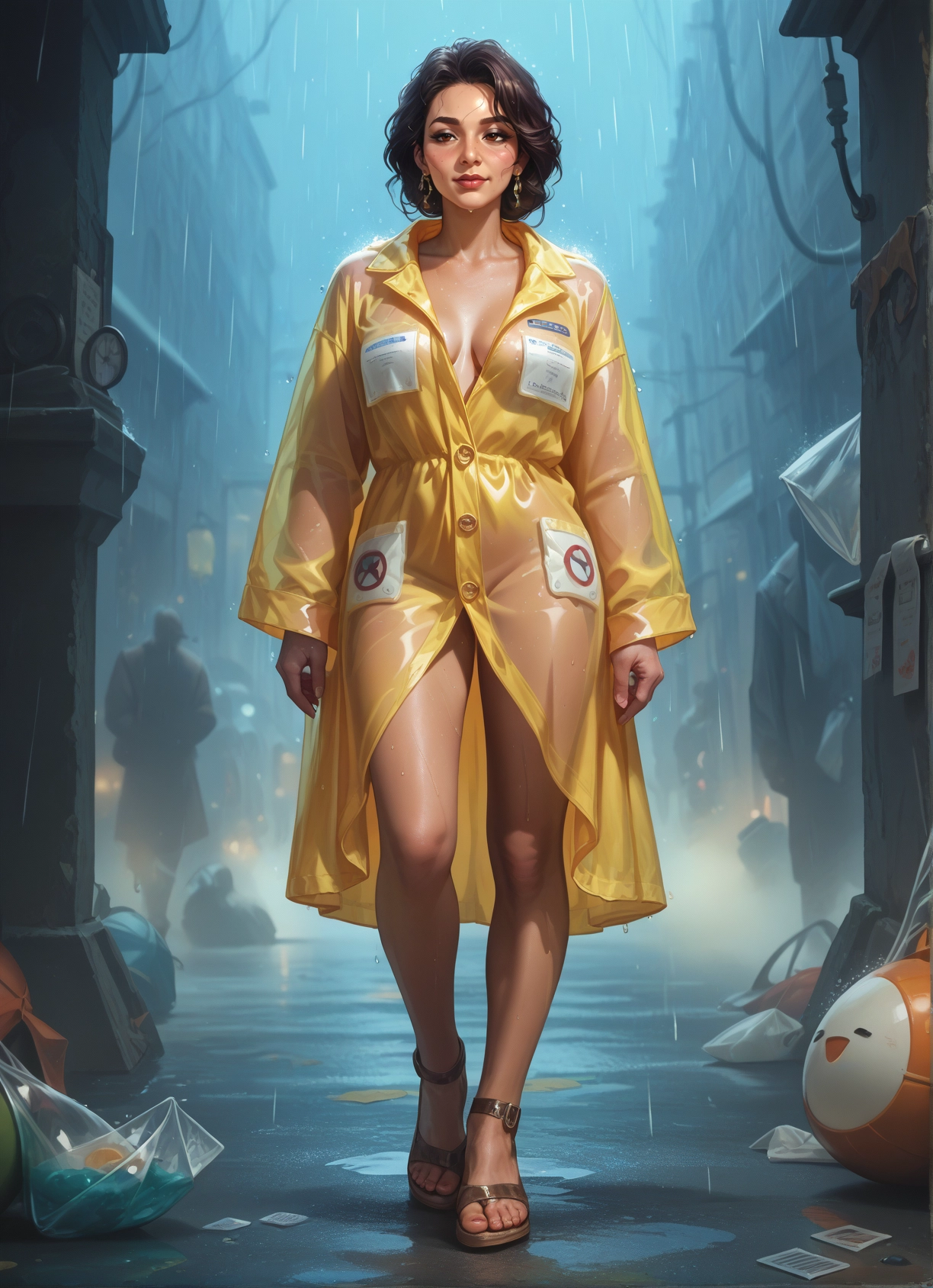 breasts, 1girl, rain, jewelry, raincoat, earrings · Yamete.gg