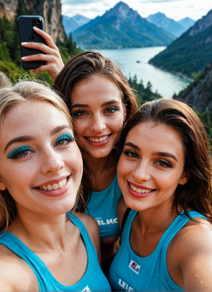 multiple girls, 3girls, phone, smile, cellphone, brown eyes · Yamete.gg