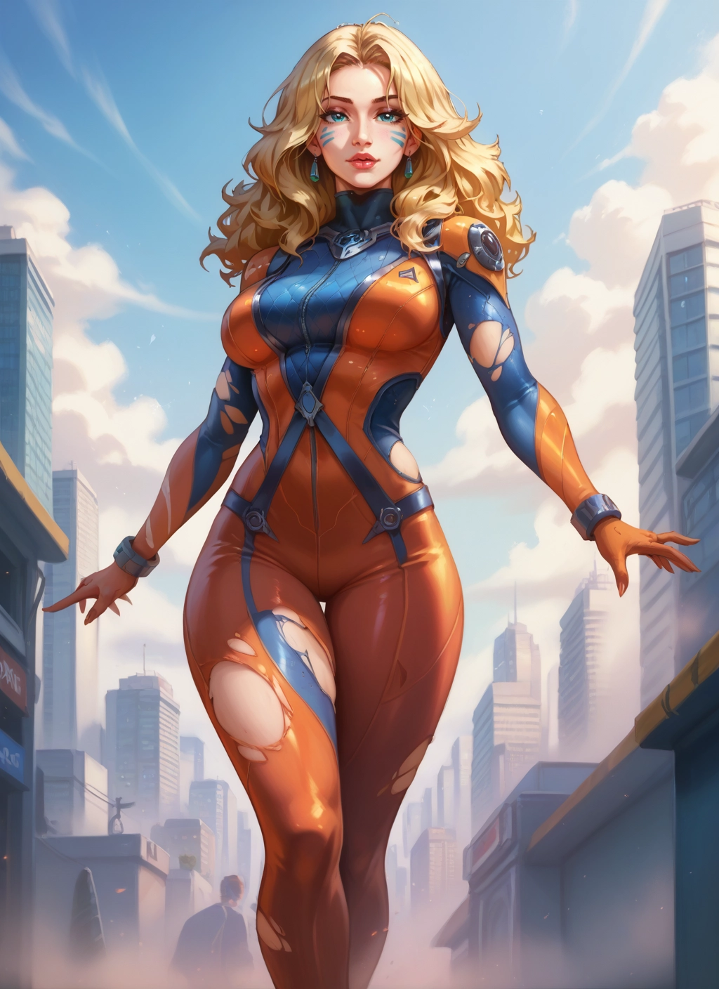 blonde hair, 1girl, bodysuit, jewelry, torn clothes, breasts · Yamete.gg