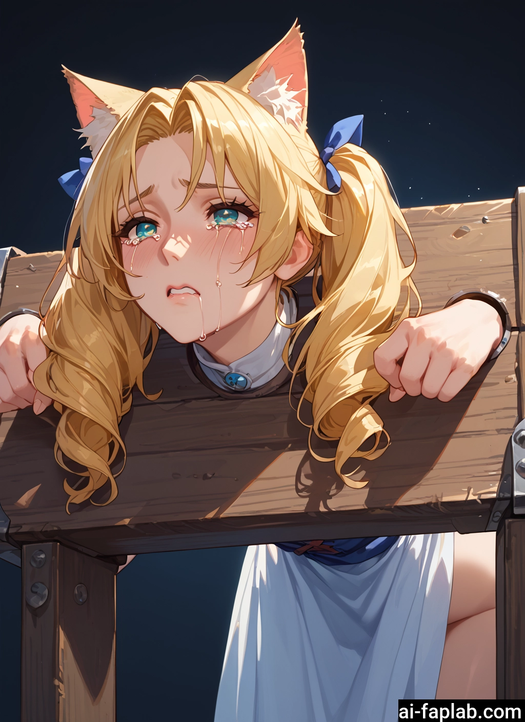 1girl, blonde hair, animal ears, tears, pillory, solo · Yamete.gg