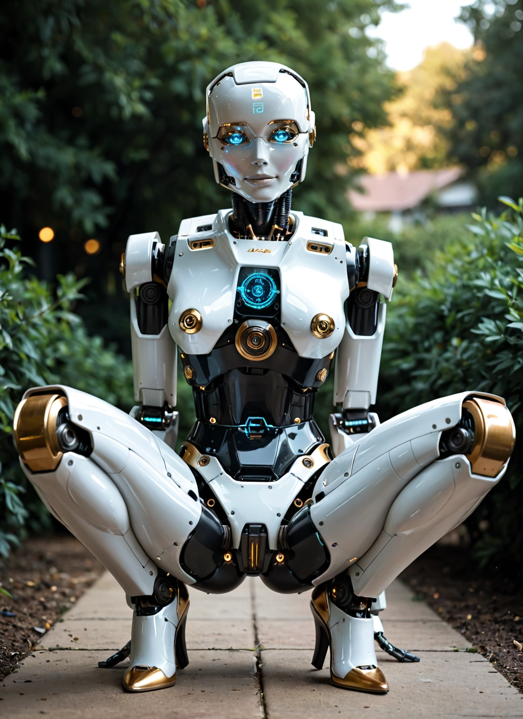 1girl, solo, squatting, high heels, blue eyes, humanoid robot · Yamete.gg