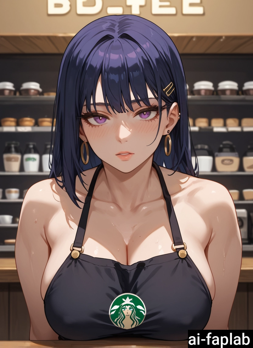 1girl, breasts, looking at viewer, earrings, purple eyes, large breasts