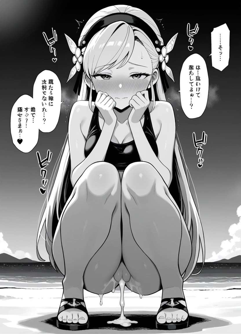 1girl, monochrome, greyscale, squatting, solo, long hair · Yamete.gg