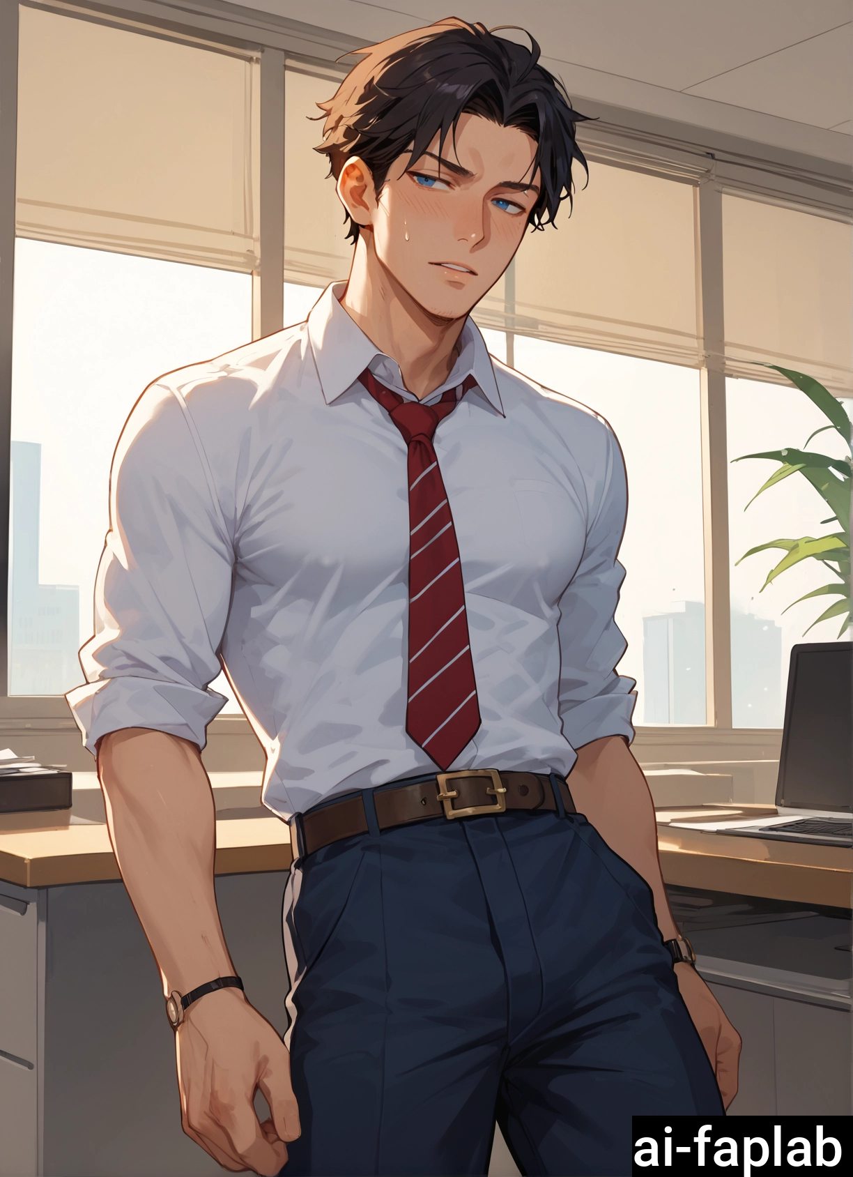 male focus, 1boy, necktie, solo, shirt, window