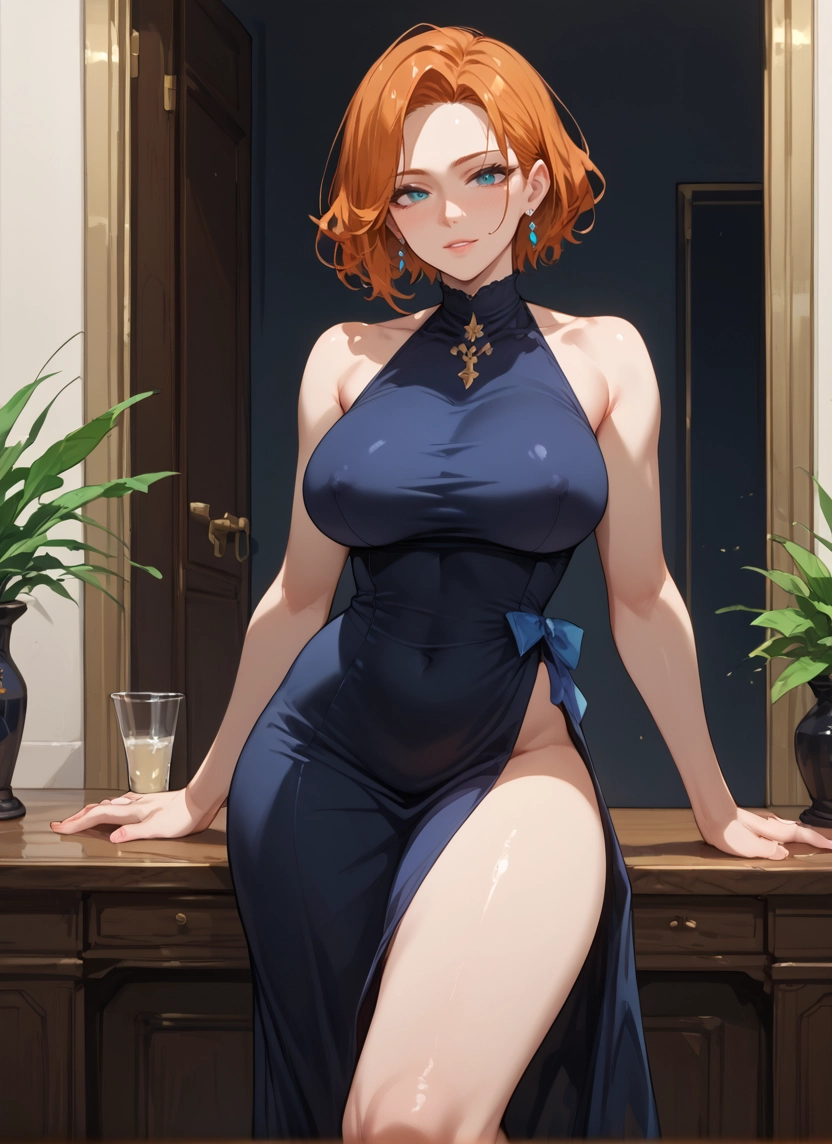 1girl, breasts, dress, jewelry, earrings, large breasts · Yamete.gg