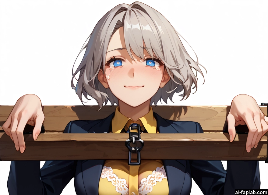 1girl, blue eyes, solo, tears, short hair, pillory · Yamete.gg